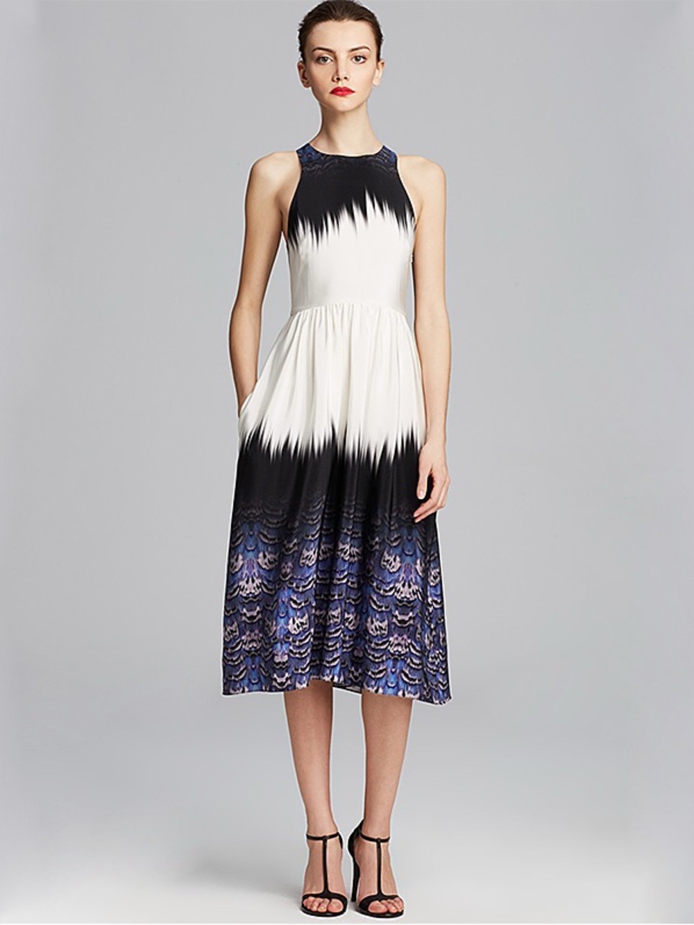 Tibi Ibis Silk Bordered Feather Print Cross Rear Pleated Evening Dress
